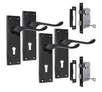 Epsom Door Handle Victorian Scroll Matt Black Lever Set - Backplate Design - Supplied with 3-Lever Mortice Sash Mechanism - 2 Pairs