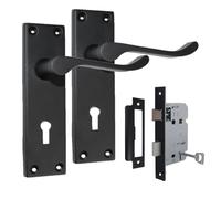 Epsom Door Handle Victorian Scroll Matt Black Lock Set - Backplate Design 150mm x 42mm - Includes 3-Lever Mortice Sash Mechanism - 6 Pairs