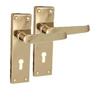 Epsom Door Handle Victorian Straight Electro Brass Lever Lock Set - 1 Pair (150mm x 42mm) - Traditional Backplate Design for Bathroom & Interior Use