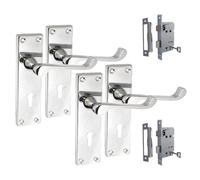 EPSOM DOOR HANDLES Victorian Scroll Lock Handles & 3 Lever Sash Lock, Polished Chrome Interior Door Handles, Back Plate, 150 x 42mm, Set of 2