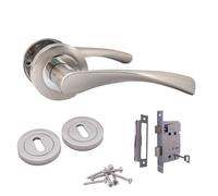 Epsom Duo Twist Door Handle - Satin Chrome Lever on Rose | Latch, Escutcheon, or Bathroom Privacy with Thumb Turn | 1, 4 or 6 Pairs (Lock Version - 3 Lever Sash Lock + Escutcheons)