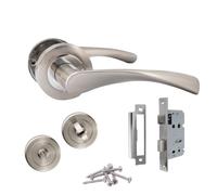 Epsom Duo Twist Door Handle - Satin Chrome Lever on Rose | Latch, Escutcheon, or Bathroom Privacy with Thumb Turn | 1, 4 or 6 Pairs (Bathroom Version - Bathroom Sash Lock + Thumb Turn)