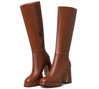 EQAUDES Knee High Boots Platform Leather Chunky Heel Fall Boot for Women 2025 Square Toe Side Zipper, 1 Brown, 6 UK