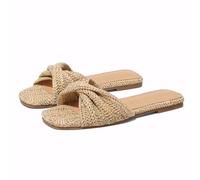 EQAUDES Raffia Flat Sandals for Women Straw Woven Braided Twist Slip On Slides - Summer, Open Toe, Beach, Comfort, Dressy, Natural, 3 UK