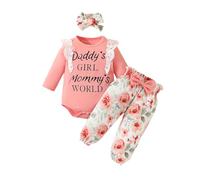 Eqenkely 3 Pieces Newborn Baby Clothes Girl Cute Letter Print Long Sleeve Romper Tops and Floral Pants Headband Fall Winter Outfits Sets Pink 12-18 Months