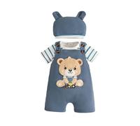 Eqenkely Baby Boy Clothes Newborn Striped Romper T-Shirt with Bear Suspender Overall Shorts Cute Hat 3Pcs Set Summer Outfits 0-18 Months