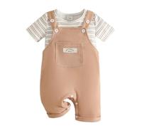 Eqenkely Baby Boy Clothes Newborn Striped/Solid Color T-Shirt with Suspender Overall Shorts Set Summer Outfits Set Beige 6-12 Months