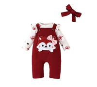 Eqenkely Baby Girls Clothes Floral Bodysuit Tops +Suspender Bear Dungarees Pants +Headband 3 Pieces Outfits Set Burgundy Fox 3-6 Months
