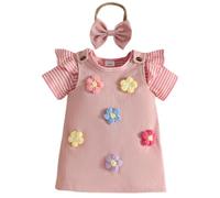 Eqenkely Newborn Baby Girl Outfit Clothing Set Cute Ruffle Striped/Solid Color Romper + Suspender Skirts +Headband 3pcs Overall Dress Clothes for 0-24 Months Pink 18-24 Months