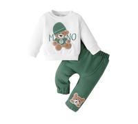 Eqenkely Toddler Baby Boys Outfit Clothes Sets Long Sleeve Embroidery Animal Print Sweatshirt Pullover + Pants 2PCS Tracksuit for 3-24 Months Green 12-18 Months