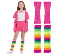 EQLEF 80s Costume Kids, Retro Neon Leg Warmers and Sparkly Fishnet Gloves Kids for 1980s Theme Party Neon Dance Party Fancy Dress (Rainbow)
