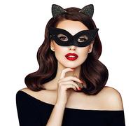 EQLEF Cat Mask and Cat Ears Headband Set, Black Cat Eye Mask With Elastic String Masquerade Masks for Women Girls Catwoman Mask for Cat Themed Party Cosplay Costume,20*7.5cm/18.5*15cm