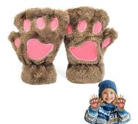 EQLEF Cat Paw Gloves - Plush Fingerless Mittens, Warm Winter Gloves for Kids & Girls (Kids-Khaki, 17cm)