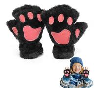 EQLEF Cat Paw Plush Fingerless Gloves, Cute Half Finger Mittens for Kids Girls (Kids-Black, 17cm)