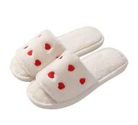 EQLEF Open Toes Fluffy Slippers Women Non Slip, Warm and Cute Home White Slippers with Red Heart