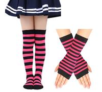 EQLEF Striped Over Knee High Socks for Girls 6-10 Years, Knee Socks Girls with Long Fingerless Gloves Girl Costume Thigh High Sock for Christmas Halloween Carnival Themed Party (Rosy and black)