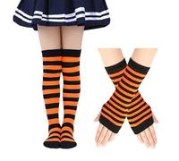 EQLEF Striped Over Knee High Socks for Girls 6-12 Years, Knee Socks Girls with Long Fingerless Gloves Girl Costume Thigh High Sock for Christmas Halloween Carnival Themed Party (Orange and Black)