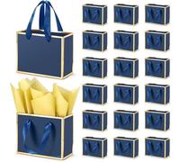 EQOREIIN 30 Pcs Small Metallic Foil Gift Bags with Handles, Blue Gold Thank You Favor Bag with Tissue Paper for Back to School Baby Shower Wedding Mother's Day Christmas Party (6.4x3.1x5.1 Inch)