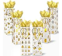 EQOREIIN 6 Pack Christmas Wine Bags, 14" x 4.7" x 3.95" Gold Foil Gift Bags for Wine Bottles with 6 Sheets Tissue Paper & 6 Hang Tags, Holiday Party Favor Packaging for Christmas, New Year