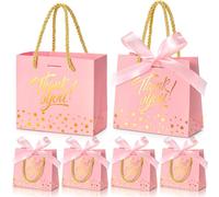 EQOREIIN Small Thank You Gift Bags 24pcs 5.5x2.5x4.7 Inches Mini Gift Bags with Handles Bow Ribbon Tiny Paper Bag for Party Favor, Mother's Day,Valentine's Day, Wedding, Baby Shower (Pink)