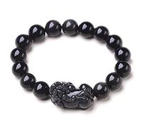 EQQHJL Black Obsidian Wealth Bracelet， Black Bracelet Natural Obsidian Rainbow Eye Bead Ward-Off Evil Spirits Talisman Prosperity,Ordinary(Double Eye,10mm)