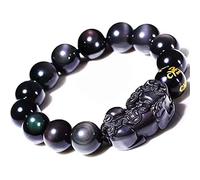 EQQHJL Black Obsidian Wealth Bracelet， Feng Shui Wealth Six Words Adjustable Elastic Bead Ward Off Evil Spirits for Women Men Jewelry,14mm