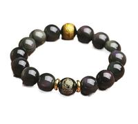 EQQHJL Black Obsidian Wealth Bracelet， Natural Rainbow Eye Black Obsidian Gemstone Energy Bracelet Piyao Adjustable Elastic Bead Ward Off Evil Spirits for Men Jewelry