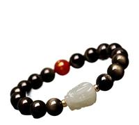 EQQHJL Black Obsidian Wealth Bracelet， Pixiu 12MM Bracelet Natural Buddha Beads Hetian Jade Reiki Meditation Talisman for Prosperity Money Good Luck