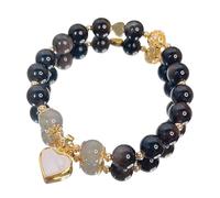 EQQHJL Black Obsidian Wealth Bracelet， Silver Sheen Obsidian Grey Moonstone Feng Shui Lucky Heart Charm Pendant 8mm Beaded Elastic Bracelet Spiritual Talisman for Wealth Money(Silver-Stretch)