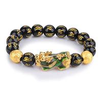 EQQHJL Black Obsidian Wealth Bracelet， Six Words Natural Black Obsidian Crystal Bracelet for Protection Feng Shui Wealth Carved Mantra Stone for Men&Women(2-14mm)