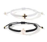 EQUBIO 2PCS Cross Macrame Bracelets, Black and White Alloy Charm Adjustable Braided Cord Faith Jewelry for Women and Men