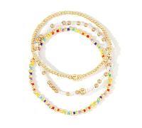 EQUBIO 3PCS Gold Tone and Rainbow Beaded Stretch Bracelets Set, Colorful Layering Boho Jewelry for Women