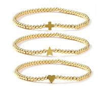 EQUBIO 3PCS Gold Tone Beaded Stretch Bracelet Set with Cross Star Heart Charms, Stackable Minimalist Jewelry for Women