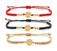 EQUBIO 3PCS Saint Medal Macrame Bracelet Set, Red Black Khaki Braided Cord with Gold Tone Beads, Adjustable Beaded Wristbands Faith Jewelry for Women and Men