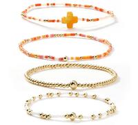 EQUBIO 4PCS Orange Cross Miyuki Seed Bead and Gold Stretch Bracelets Set Layered Boho Jewelry for Women