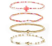 EQUBIO 4PCS Pink Cross Miyuki Seed Bead and Gold Stretch Bracelets Set Layered Dainty Boho Jewelry for Women