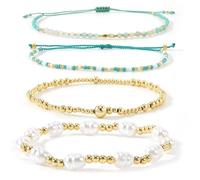 EQUBIO 4PCS Turquoise Beaded String and Gold Pearl Stretch Bracelet Set for Women Layered Boho Beach Jewelry