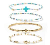 EQUBIO 4PCS Turquoise Cross Pastel Miyuki Seed Bead and Gold Stretch Bracelets Set Layered Dainty Boho Jewelry for Women