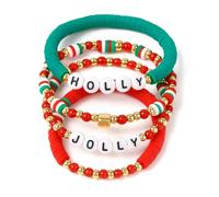 EQUBIO 5-Pack Christmas Letter Bead Bracelets for Women, HOLLY & JOLLY Polymer Clay Heishi/Seed Bead Set with Gold-Plated Copper Beads, Elastic Stretch Stackable Layering Handmade Holiday Gift for Her