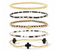 EQUBIO 5-Piece Cross & Seed Bead Bracelet Set for Women, Medium, Copper, No Gemstone