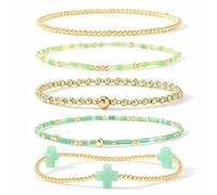 EQUBIO 5PCS Green Cross Seed Bead Gold Stretch Bracelets Stackable Layered Boho Jewelry for Women