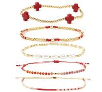 EQUBIO 5PCS Red Cross Pearl Gold Beaded Stretch Bracelets Layered Boho Faith Jewelry for Women