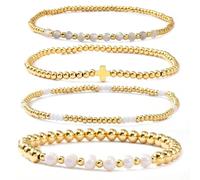 EQUBIO 6PCS Gold Tone Beaded Stackable Stretch Bracelets Set with Cross Charm and Faux Pearl Accents, Layering Jewelry for Women