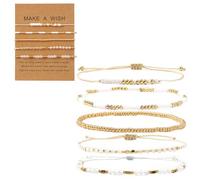 EQUBIO 6PCS White Gold Beaded Bracelet Set Boho Layered Stackable Minimalist Adjustable Cord & Stretch Jewelry for Women