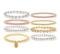 EQUBIO 8-Pack Beaded Stretch Bracelets for Women, Gold/Silver/Rose Gold Copper Beads with Oval Tag Charm, Elastic Adjustable Stackable Layering Bracelet Set, Dainty Minimalist Gift for Her