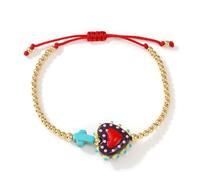 EQUBIO Adjustable Red String Heart & Cross Bead Bracelet for Women, Gold Beaded Macrame Cord with Black Polka-Dot Heart, White Cross and 3mm Copper Beads, Minimalist Stackable Gift for Her