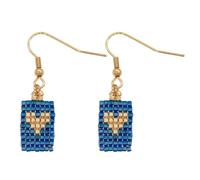 EQUBIO Bead-Woven Heart Dangle Earrings for Women, Teal Seed Bead Rectangle Drops with Gold-Tone Hooks, Lightweight Minimalist Boho Beaded Earrings, Romantic Gift for Her