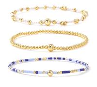 EQUBIO Beaded Bracelet Set for Women, 3PCS Stackable Stretch Bracelets with Gold Beads, Blue & Clear Seed Bead Bracelets, Boho Layering Jewelry for Everyday Wear, Beach Vacation & Gift