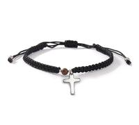 EQUBIO Black Braided Cord Cross Bracelet with Stainless Steel Charm and Tiger Eye Bead, Adjustable Christian Faith Jewelry for Men and Women