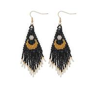 EQUBIO Black Seed Bead Fringe Moon Earrings for Women, Hand-Woven 12/0 Beads with Gold Crescent Pattern, Lightweight Boho Tassel Dangle Earrings with Fish-Hook Wires - Pair